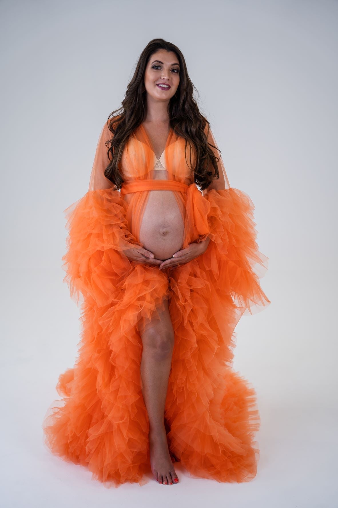 Dress Hire - Maternity Photoshoot Dresses - Sophie - Orange Tulle Robe - 4 DAY RENTAL - Luxe Bumps AU