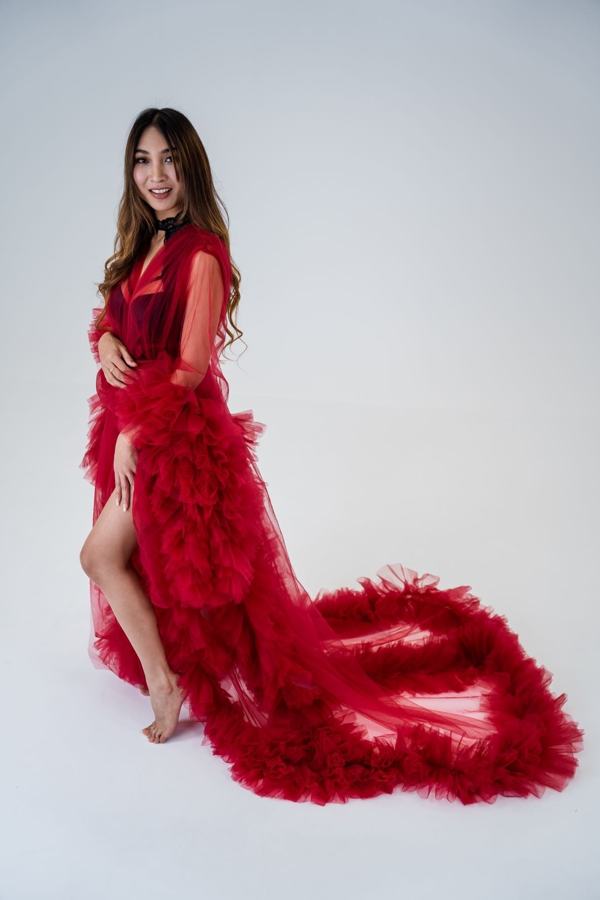 Dress Hire - Maternity Photoshoot Dresses - Sophie - Wine Red Tulle Robe - 4 DAY RENTAL - Luxe Bumps AU