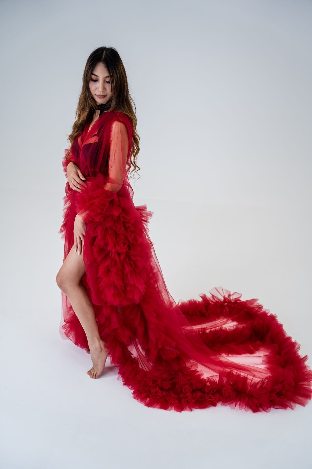 Dress Hire - Maternity Photoshoot Dresses - Sophie - Wine Red Tulle Robe - 4 DAY RENTAL - Luxe Bumps AU