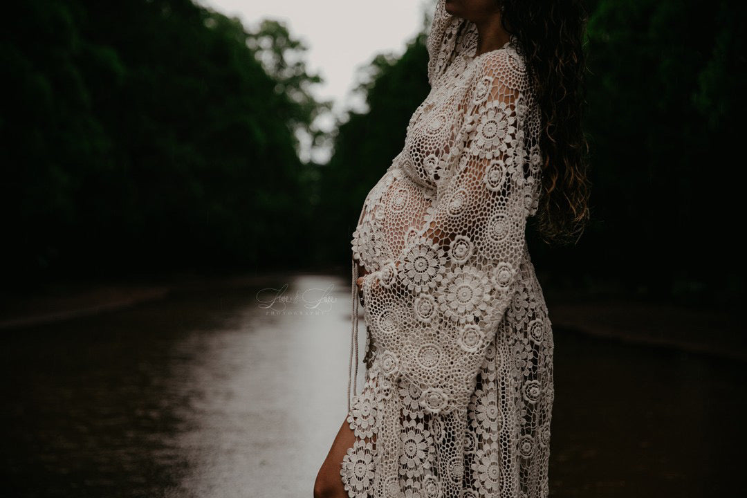 Beige Crotchet Robe - Maternity Photoshoot Dresses Brisbane