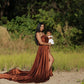 Extra long train brown satin dress for photoshoot