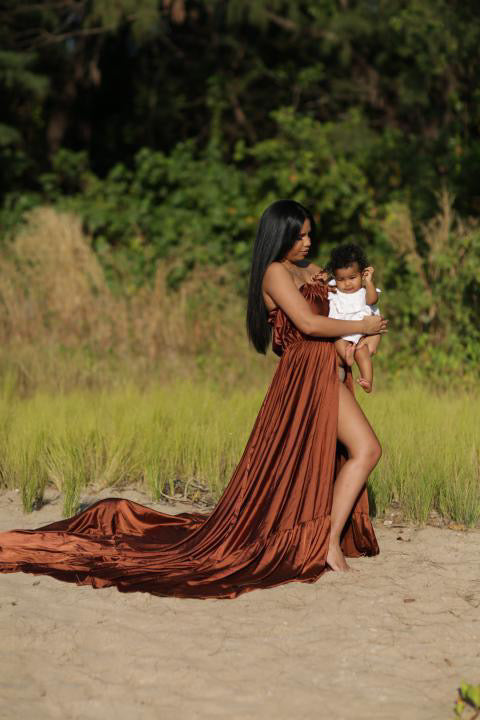 Mommy and Me photoshoot, Mom wearing brown satin dress.