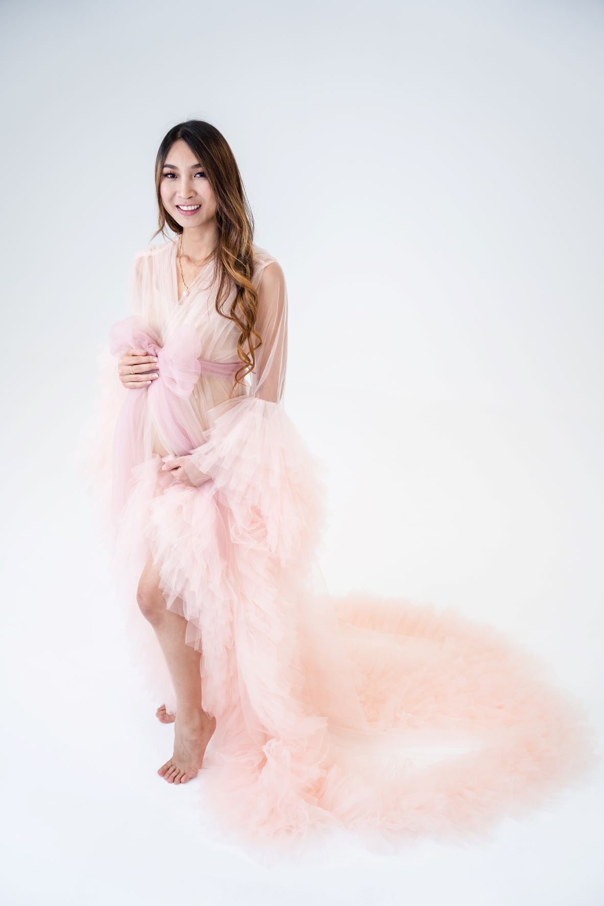 pink blush maternity photoshoot dress PinkBlush Maternity Pink Metallic Off Shoulder Long Sleeve Wrap Photoshoot Gown/Dress